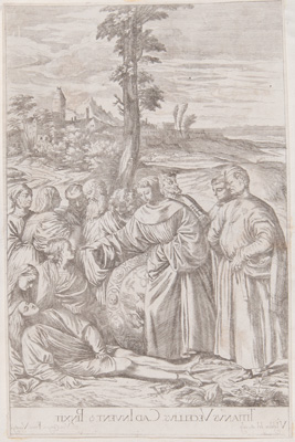 Titian etching from 1682 St Anthony heaing foot of Wrathful Son